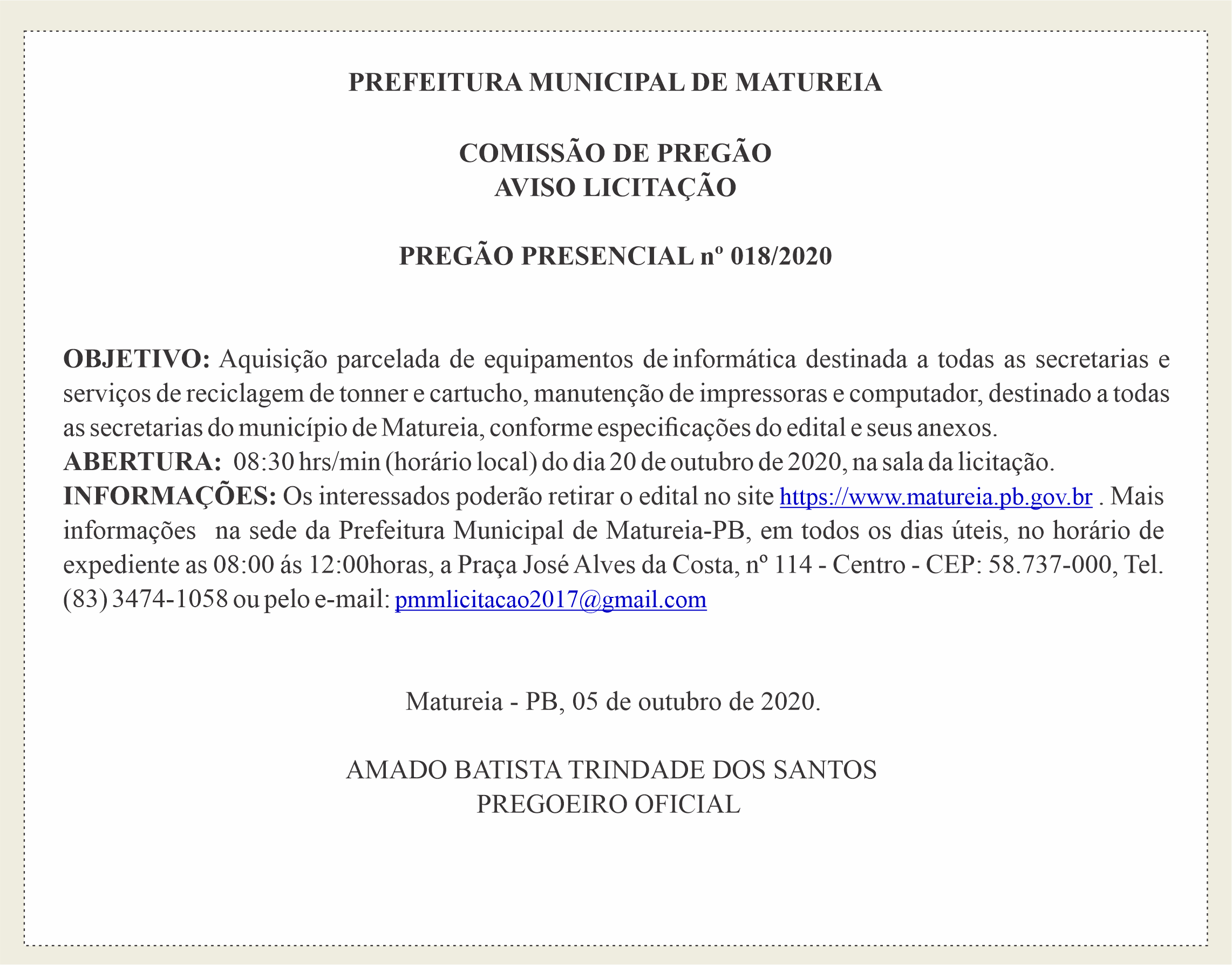 PREFEITURA MUNICIPAL DE MATUREIA – AVISO LICITAÇÃO – PREGÃO PRESENCIAL Nº 018/2020