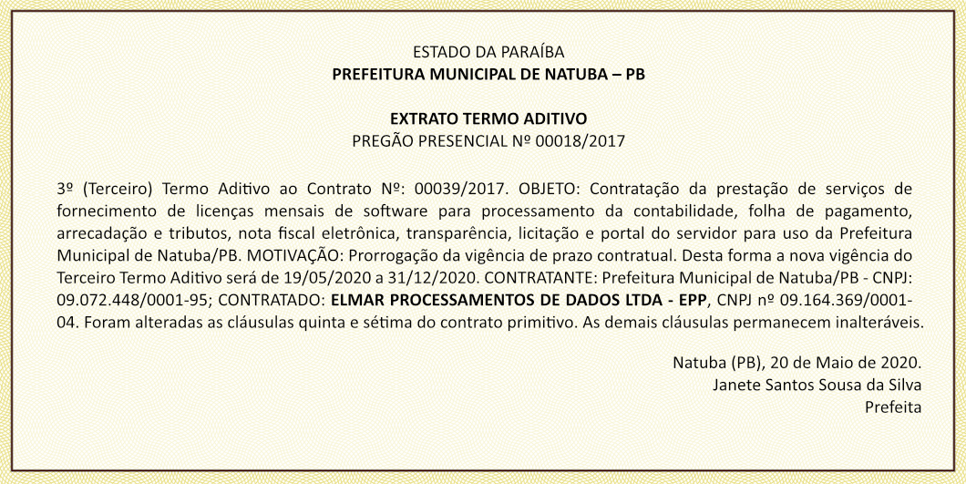 PREFEITURA MUNICIPAL DE NATUBA – EXTRATO TERMO ADITIVO – PREGÃO PRESENCIAL Nº 00018/2017