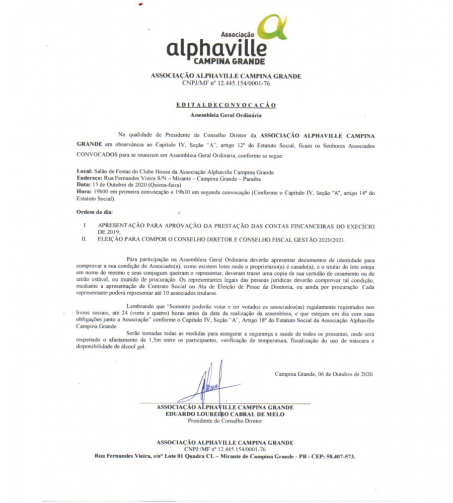 ASSOCIAÇÃO ALPHAVILLE CAMPINA GRANDE-EDITAL DE CONVOCAÇÃO