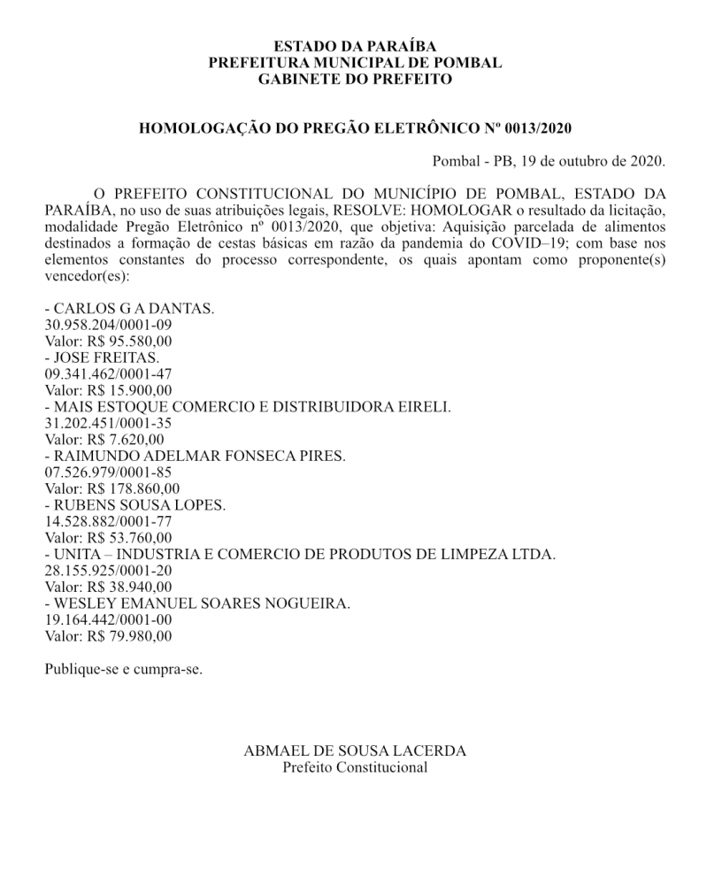 PREFEITURA MUNICIPAL DE POMBAL – GABINETE DO PREFEITO – HOMOLOGAÇÃO DO PREGÃO ELETRÔNICO Nº 0013/2020