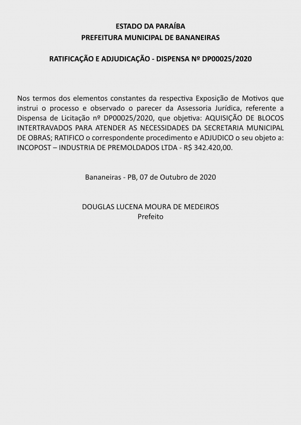 PREFEITURA MUNICIPAL DE BANANEIRAS – RATIFICAÇÃO E ADJUDICAÇÃO – DISPENSA Nº DP00025/2020