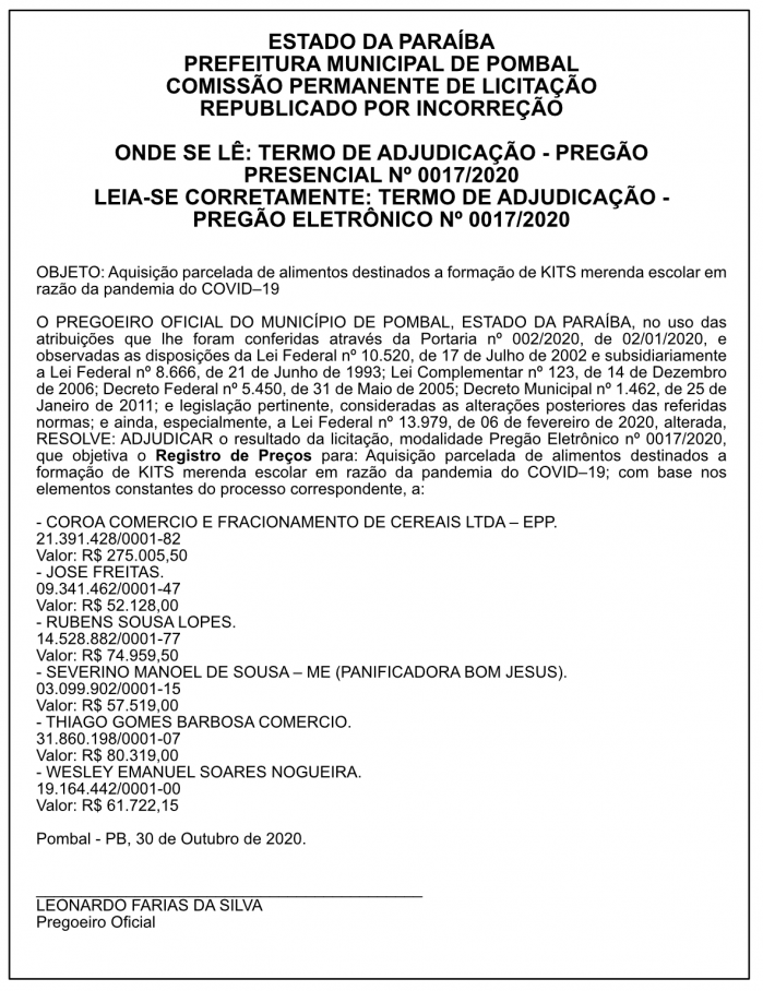 PREFEITURA MUNICIPAL DE POMBAL – PREGÃO PRESENCIAL Nº 0017/2020
