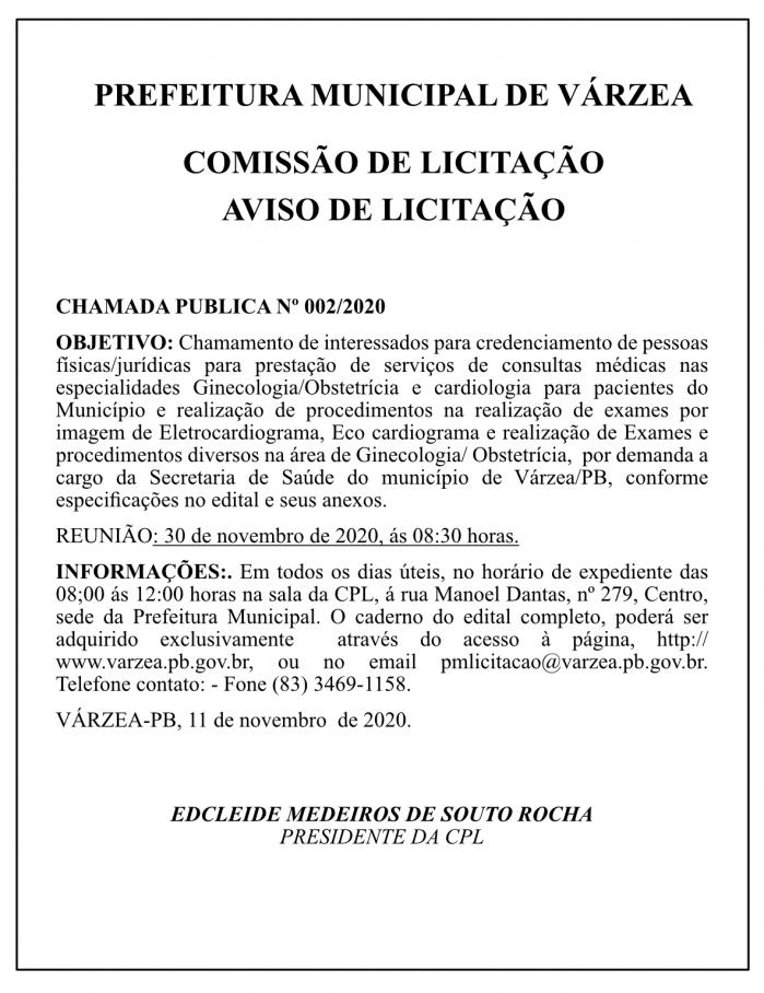 PREFEITURA MUNICIPAL DE VÁRZEA – AVISO DE LICITAÇÃO – CHAMADA PUBLICA Nº 002/2020