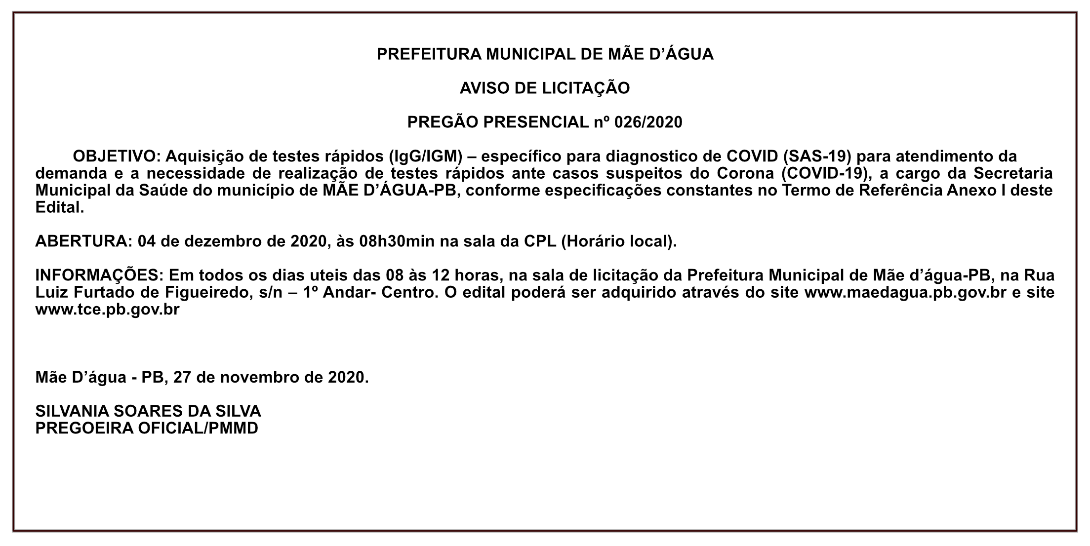 PREFEITURA MUNICIPAL DE MÃE D’ÁGUA  – AVISO DE LICITAÇÃO – PREGÃO PRESENCIAL Nº 026/2020