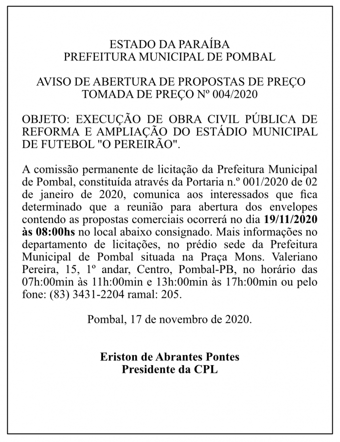 PREFEITURA MUNICIPAL DE POMBAL – AVISO DE ABERTURA DE PROPOSTAS DE PREÇO – TOMADA DE PREÇO Nº 004/2020