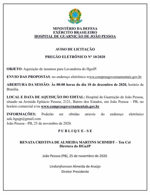 HOSPITAL DE GUARNIÇÃO – AVISO DE LICITAÇÃO – PREGÃO ELETRÔNICO N° 10/2020