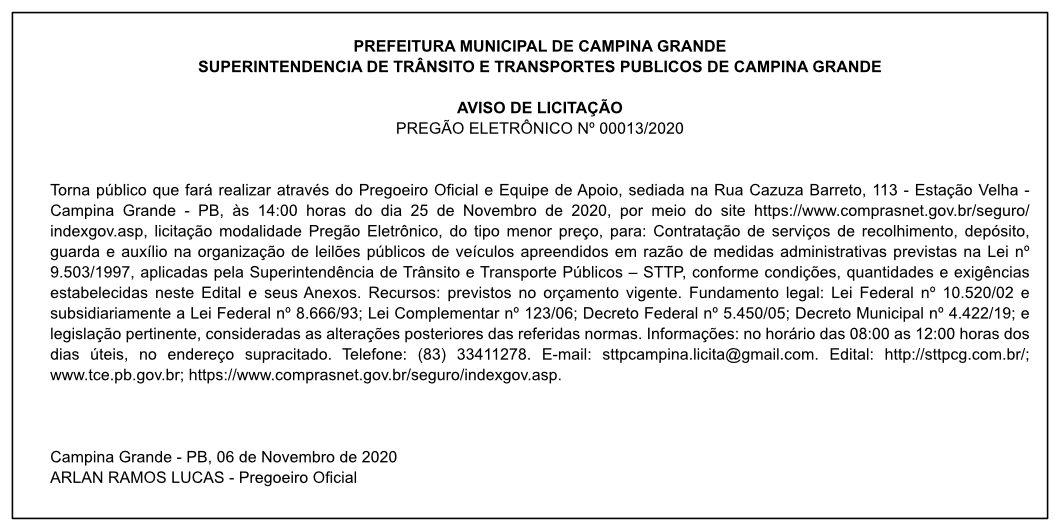 STTP – AVISO DE LICITAÇÃO – PREGÃO ELETRÔNICO Nº 00013/2020