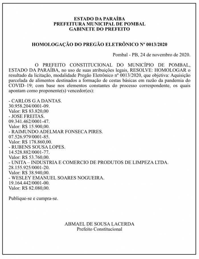 PREFEITURA MUNICIPAL DE POMBAL – GABINETE DO PREFEITO – HOMOLOGAÇÃO DO PREGÃO ELETRÔNICO Nº 0013/2020