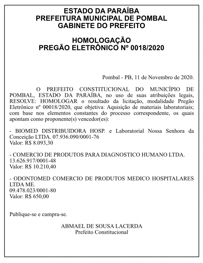PREFEITURA MUNICIPAL DE POMBAL – HOMOLOGAÇÃO – PREGÃO ELETRÔNICO Nº 0018/2020
