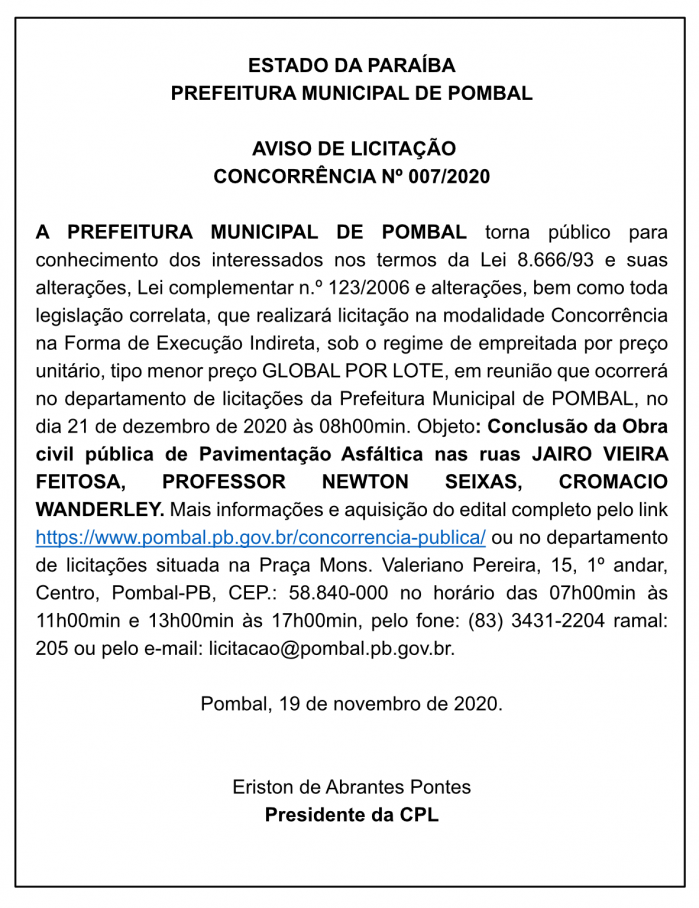 PREFEITURA MUNICIPAL DE POMBAL – AVISO DE LICITAÇÃO – CONCORRÊNCIA Nº 007/2020