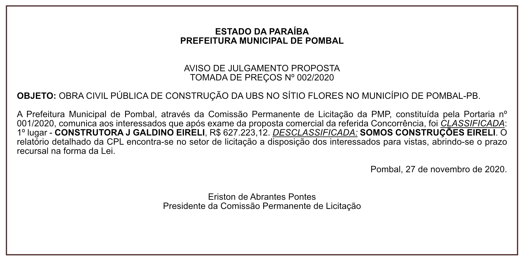 PREFEITURA MUNICIPAL DE POMBAL – AVISO DE JULGAMENTO PROPOSTA – TOMADA DE PREÇOS Nº 002/2020