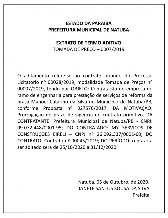 PREFEITURA MUNICIPAL DE NATUBA – EXTRATO DE TERMO ADITIVO – TOMADA DE PREÇO – 0007/2019