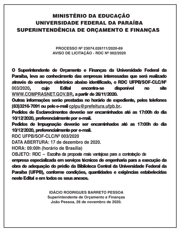 UFPB – PROCESSO Nº 23074.026111/2020-69 – AVISO DE LICITAÇÃO – RDC Nº 002/2020