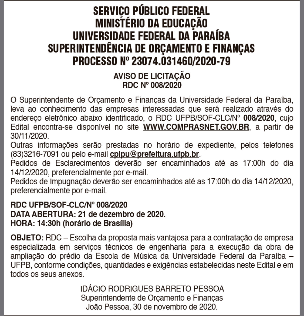 UFPB – PROCESSO Nº 23074.031460/2020-79 – AVISO DE LICITAÇÃO – RDC Nº 008/2020