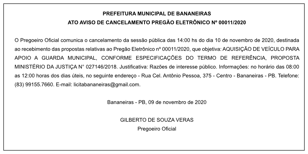 PREFEITURA MUNICIPAL DE BANANEIRAS –  ATO AVISO DE CANCELAMENTO – PREGÃO ELETRÔNICO Nº 00011/2020