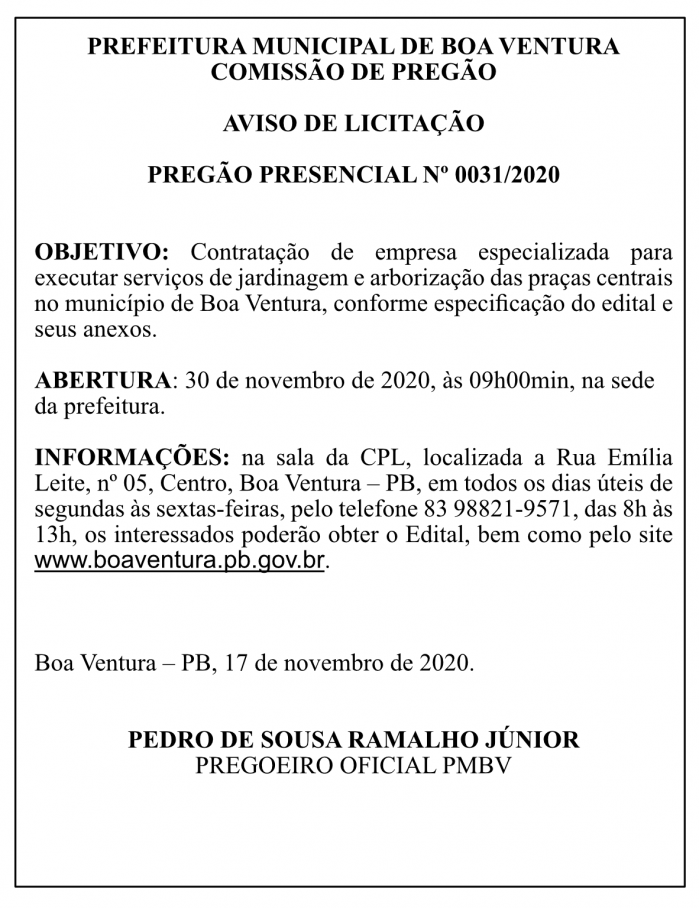 PREFEITURA MUNICIPAL DE BOA VENTURA – AVISO DE LICITAÇÃO – PREGÃO PRESENCIAL Nº 0031/2020