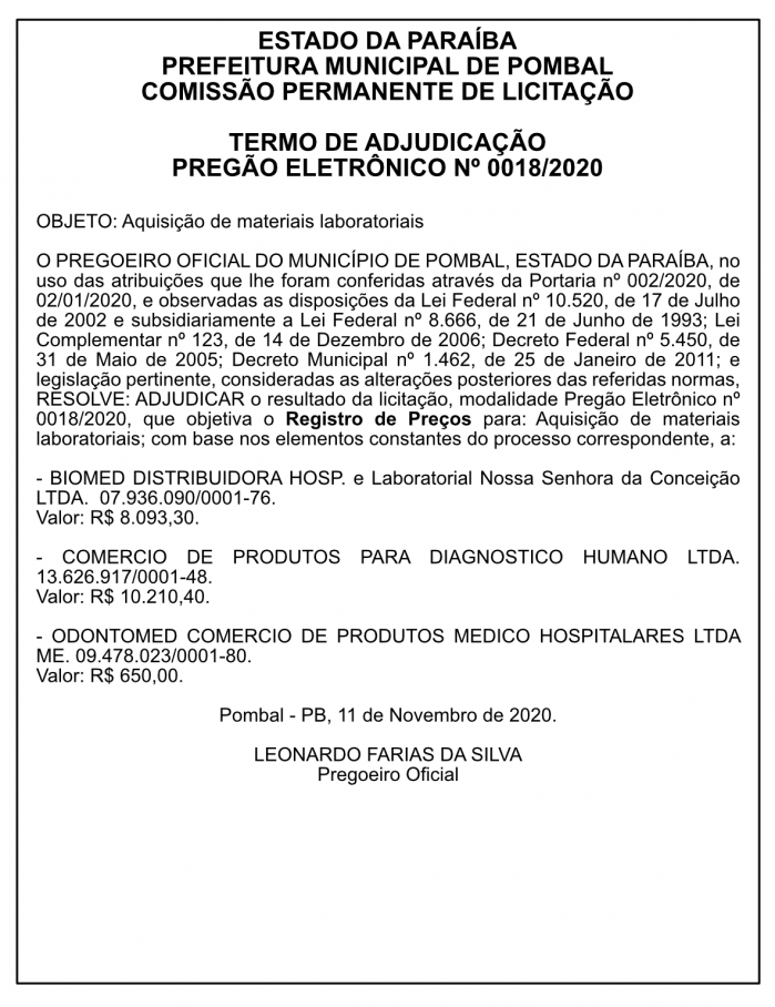PREFEITURA MUNICIPAL DE POMBAL – TERMO DE ADJUDICAÇÃO – PREGÃO ELETRÔNICO Nº 0018/2020