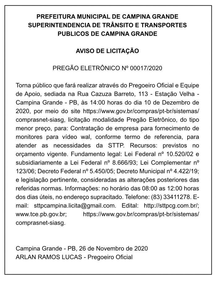 STTP – AVISO DE LICITAÇÃO – PREGÃO ELETRÔNICO Nº 00017/2020