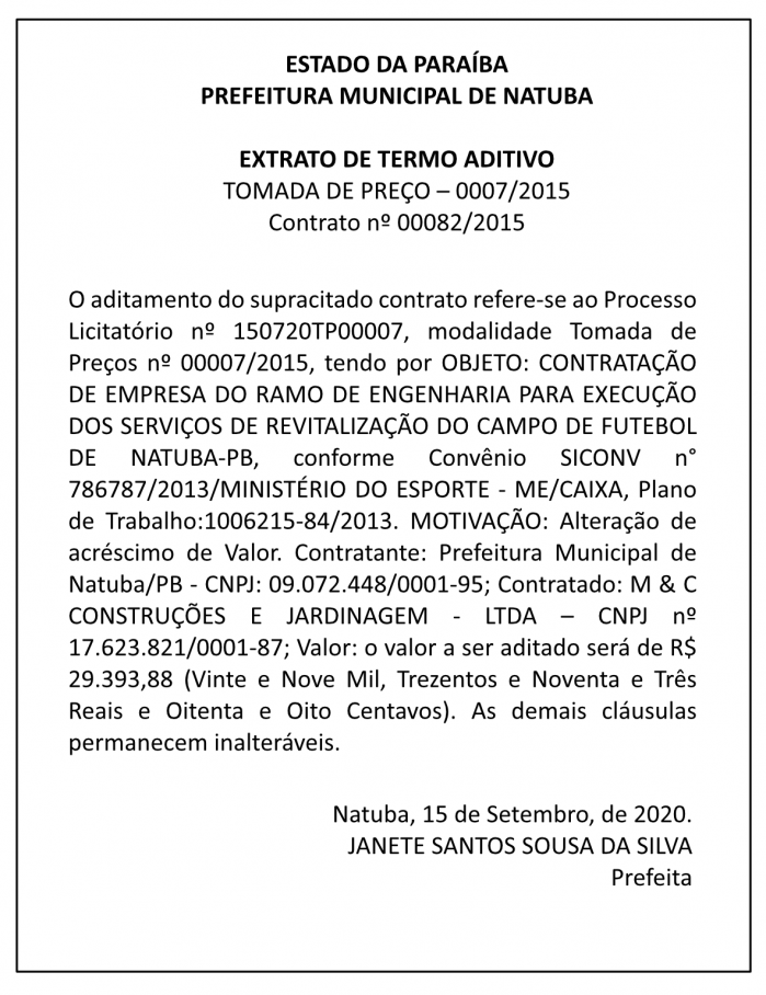 PREFEITURA MUNICIPAL DE NATUBA – EXTRATO DE TERMO ADITIVO – TOMADA DE PREÇO – 0007/2015 Contrato Nº 00082/2015