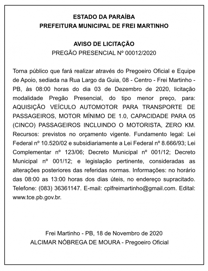 PREFEITURA MUNICIPAL DE FREI MARTINHO – AVISO DE LICITAÇÃO – PREGÃO PRESENCIAL Nº 00012/2020