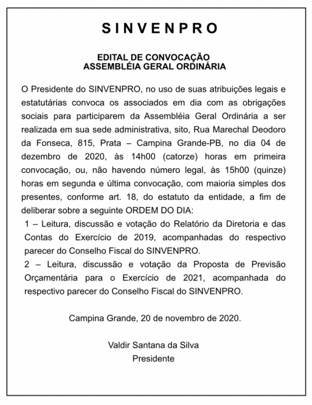 SINVENPRO – EDITAL DE CONVOCAÇÃO – ASSEMBLÉIA GERAL ORDINÁRIA