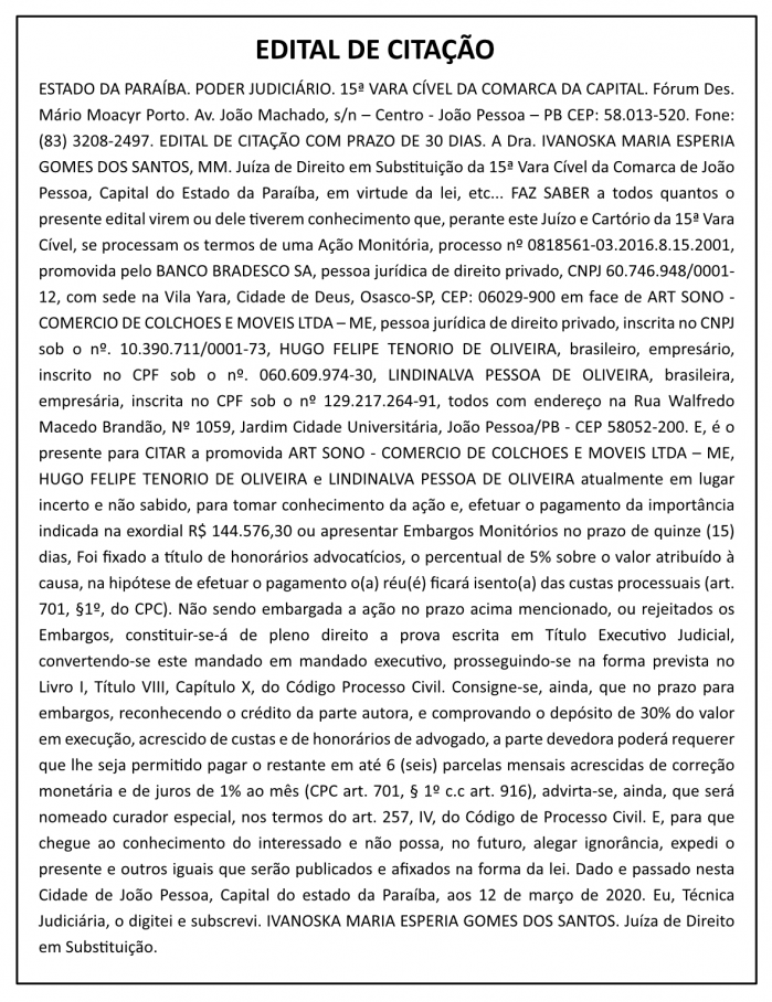 EDITAL DE CITAÇÃO – PROCESSO Nº 0818561-03.2016.8.15.2001