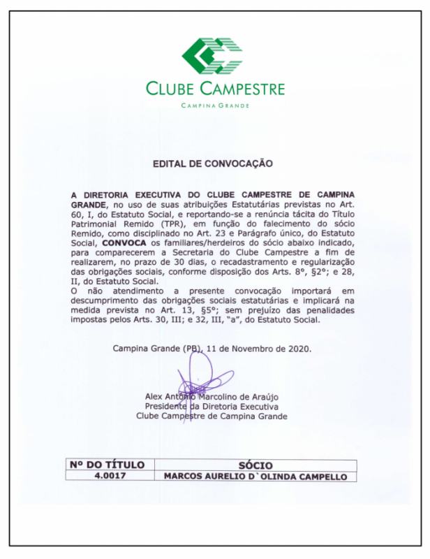 CLUBE CAMPESTRE/CG – EDITAL DE CONVOCAÇÃO