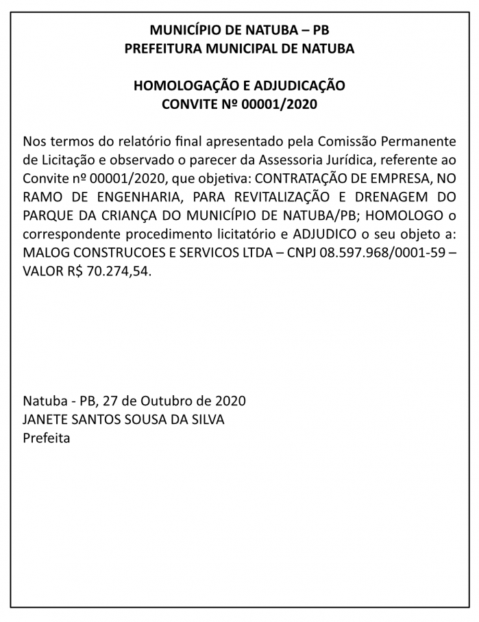 PREFEITURA MUNICIPAL DE NATUBA – HOMOLOGAÇÃO E ADJUDICAÇÃO