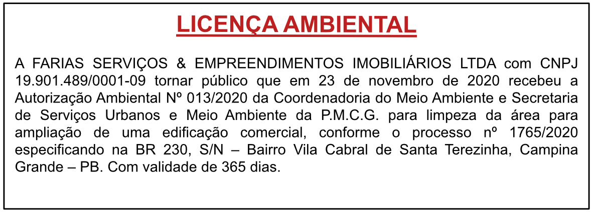 FARIAS SERVIÇOS & EMPREENDIMENTOS IMOBILIÁRIOS LTDA – LICENÇA AMBIENTAL