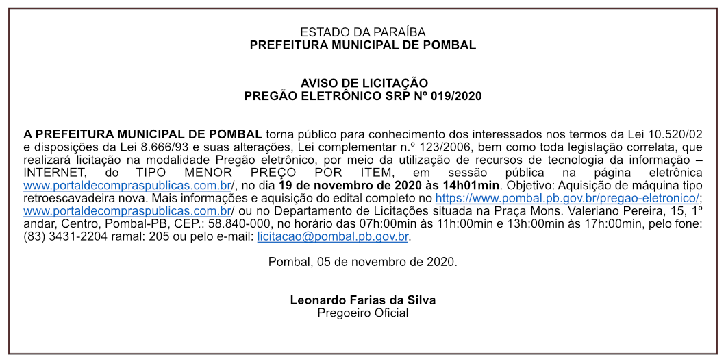 PREFEITURA MUNICIPAL DE POMBAL – AVISO DE LICITAÇÃO – PREGÃO ELETRÔNICO SRP Nº 019/2020
