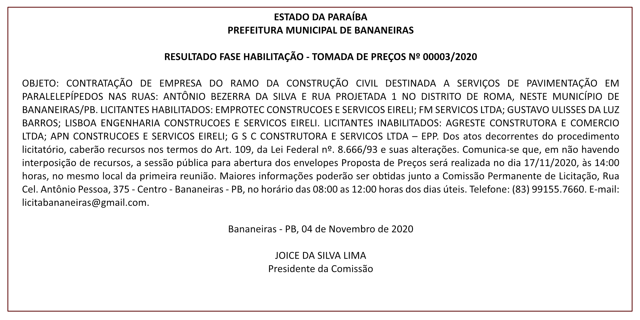 PREFEITURA MUNICIPAL DE BANANEIRAS – RESULTADO FASE HABILITAÇÃO – TOMADA DE PREÇOS Nº 00003/2020