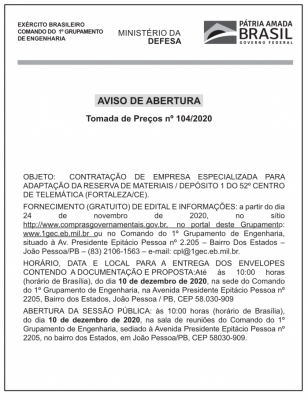 COMANDO DO 1º GRUPAMENTO DE ENGENHARIA – AVISO DE ABERTURA – TOMADA DE PREÇOS Nº 104/2020