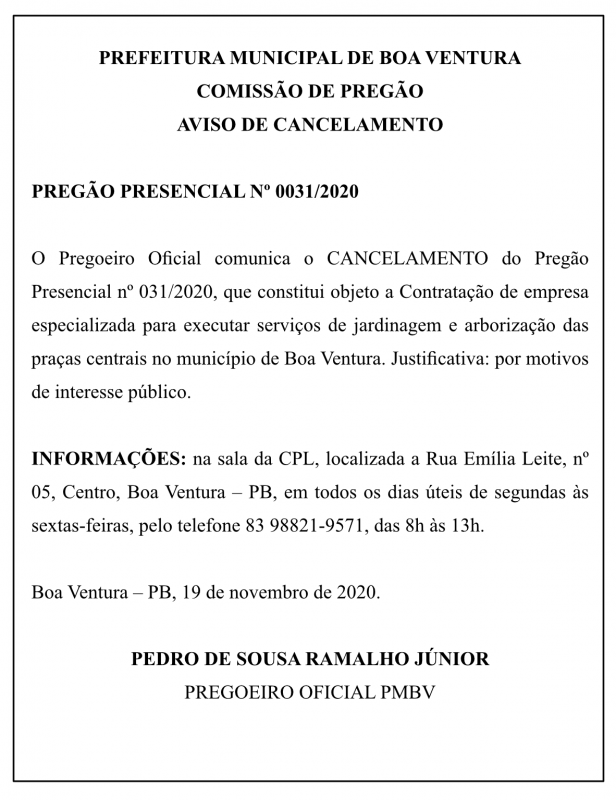 PREFEITURA MUNICIPAL DE BOA VENTURA – AVISO DE CANCELAMENTO – PREGÃO PRESENCIAL Nº 0031/2020