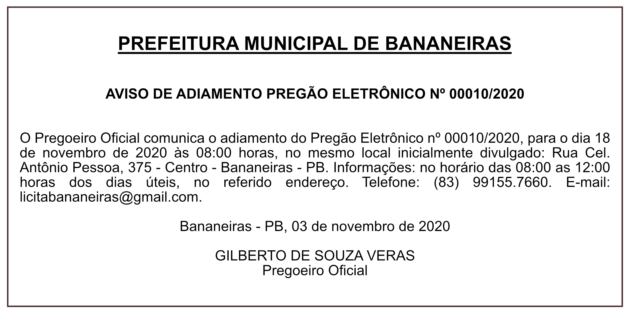 PREFEITURA DE BANANEIRAS – AVISO DE ADIAMENTO – PREGÃO ELETRÔNICO Nº 00010/2020