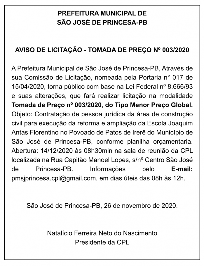 PREFEITURA MUNICIPAL DE SÃO JOSÉ DE PRINCESA – AVISO DE LICITAÇÃO – TOMADA DE PREÇO Nº 003/2020