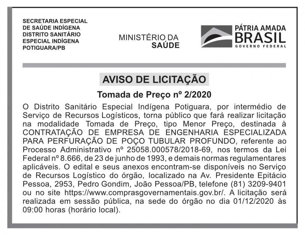 DSEI – Aviso de Licitação – Tomada de Preço no 2/2020