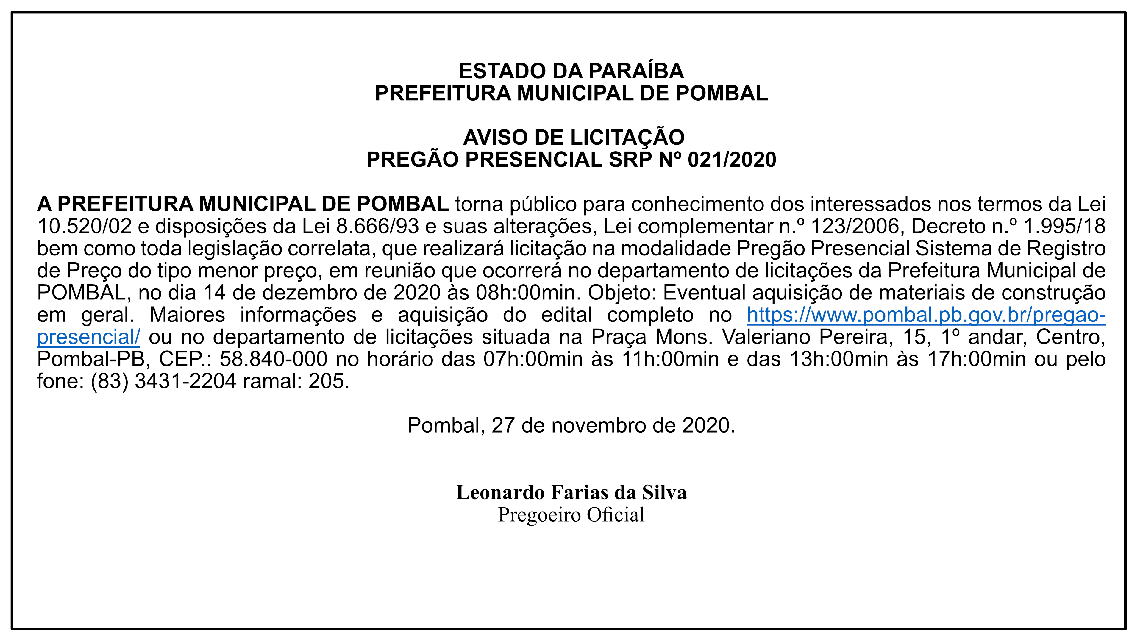 PREFEITURA MUNICIPAL DE POMBAL – AVISO DE LICITAÇÃO – PREGÃO PRESENCIAL SRP Nº 021/2020