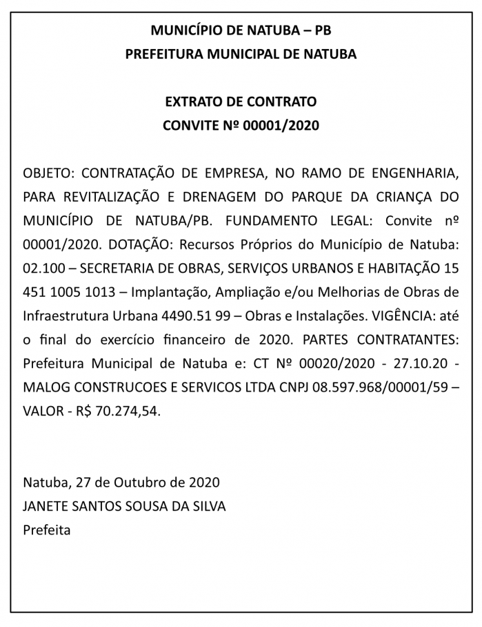 PREFEITURA MUNICIPAL DE NATUBA –  EXTRATO DE CONTRATO – CONVITE Nº 00001/2020