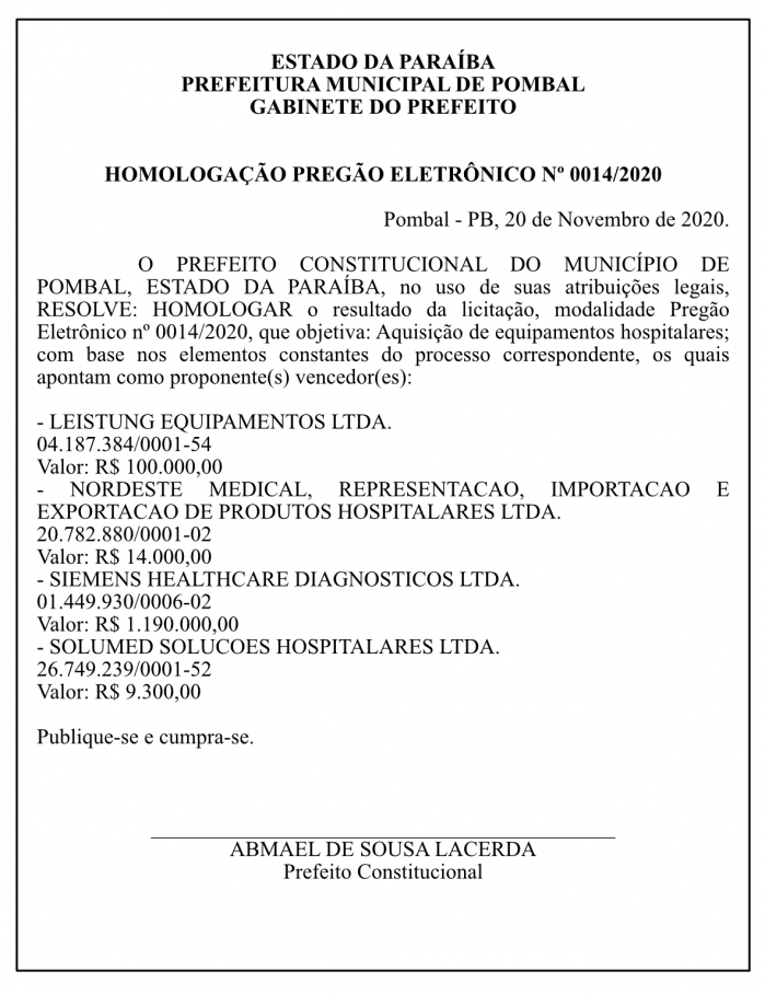 PREFEITURA MUNICIPAL DE POMBAL – GABINETE DO PREFEITO – HOMOLOGAÇÃO PREGÃO ELETRÔNICO Nº 0014/2020