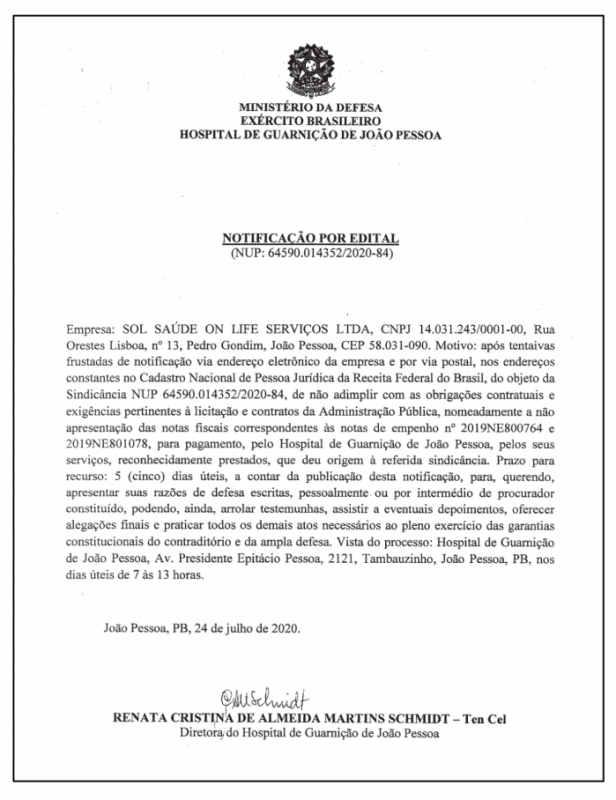 HOSPITAL DE GUARNIÇÃO DE JOÃO PESSOA – NOTIFICAÇÃO POR EDITAL (NUP: 64590.014352/2020-84)