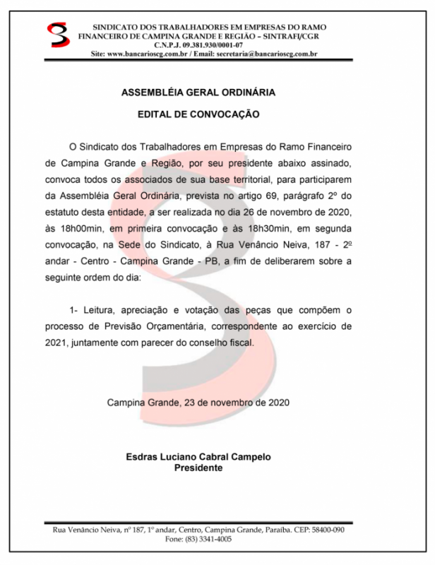 SINTRAFI/CGR – ASSEMBLÉIA GERAL ORDINÁRIA – EDITAL DE CONVOCAÇÃO