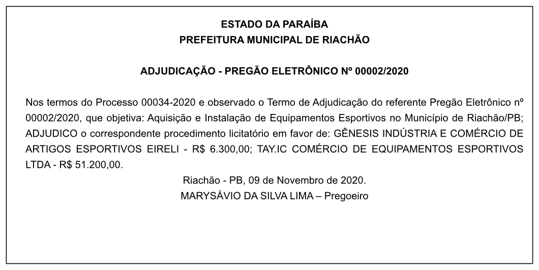 PREFEITURA MUNICIPAL DE RIACHÃO – ADJUDICAÇÃO – PREGÃO ELETRÔNICO Nº 00002/2020