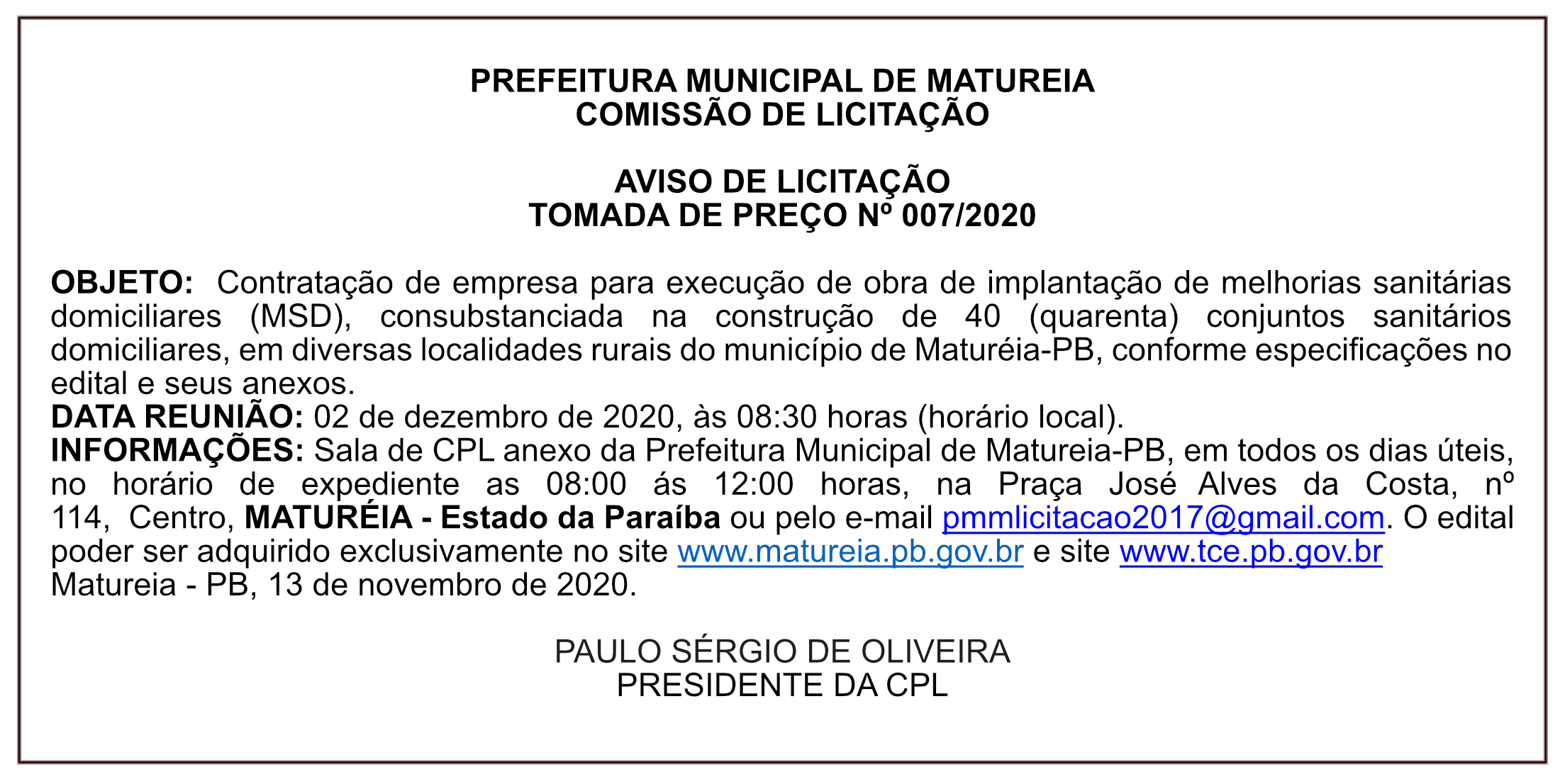 PREFEITURA MUNICIPAL DE MATUREIA – AVISO DE LICITAÇÃO – TOMADA DE PREÇO Nº 007/2020