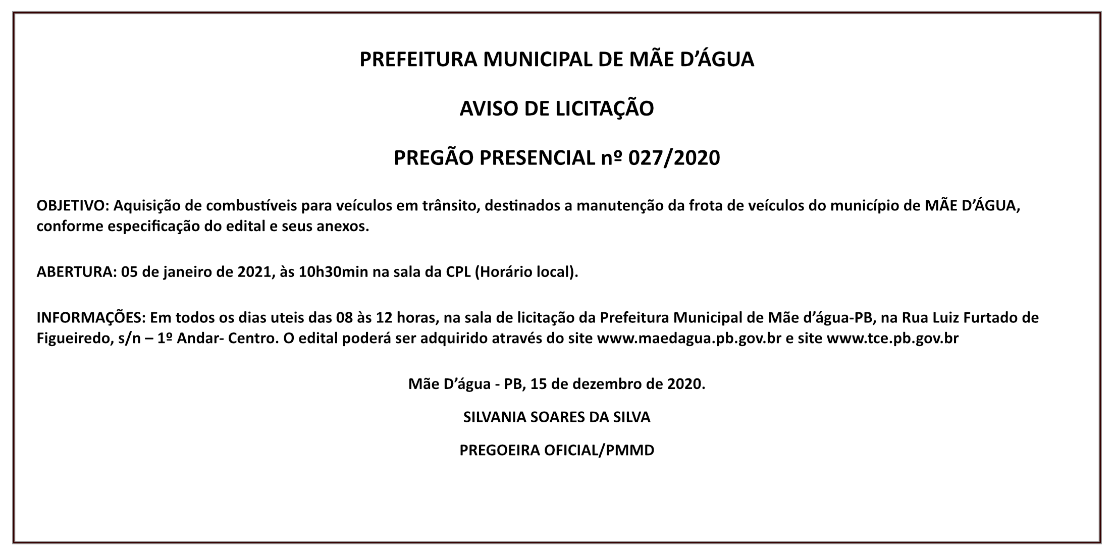 PREFEITURA MUNICIPAL DE MÃE D’ÁGUA – AVISO DE LICITAÇÃO – PREGÃO PRESENCIAL Nº 027/2020