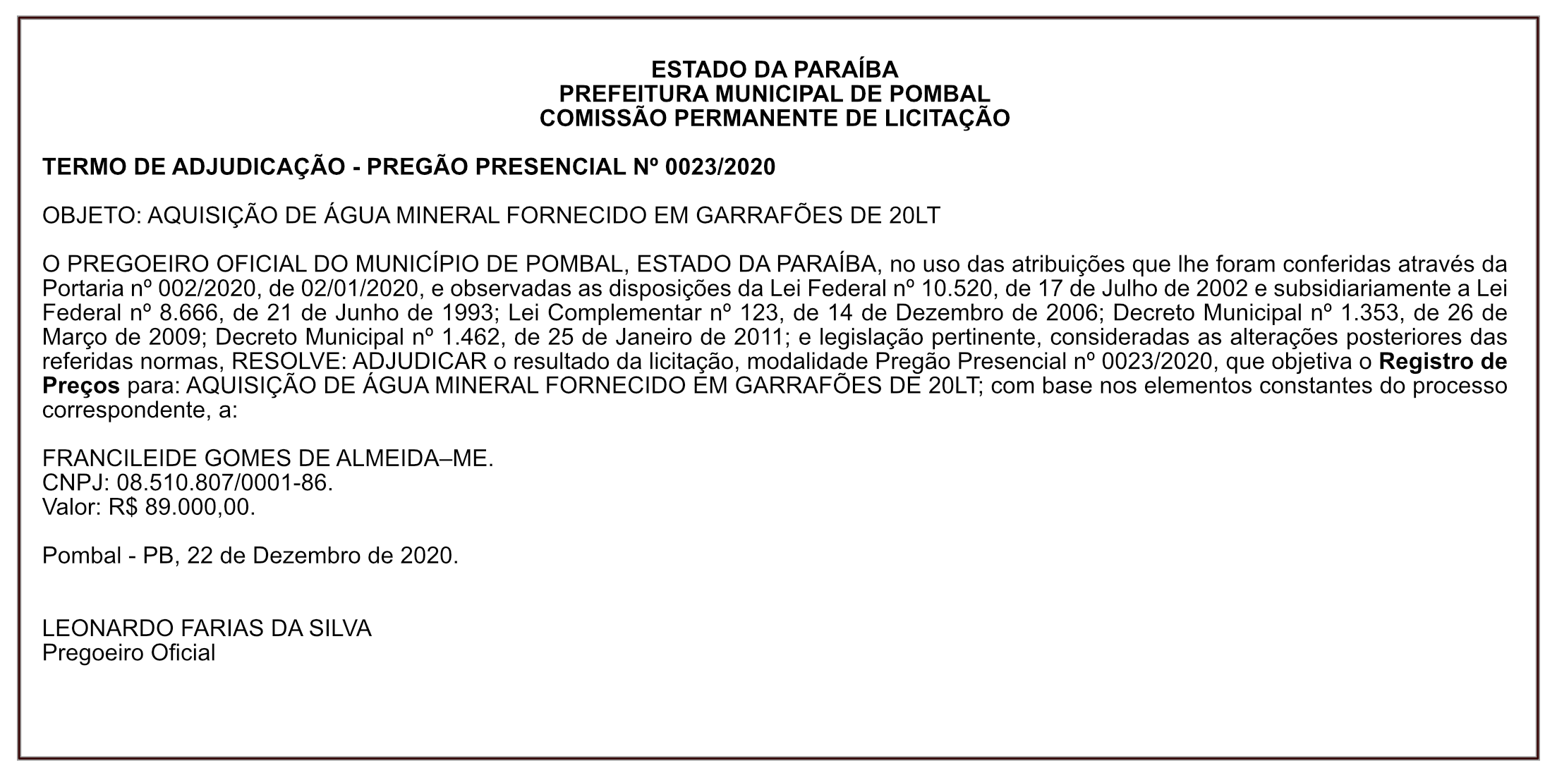 PREFEITURA MUNICIPAL DE POMBAL – TERMO DE ADJUDICAÇÃO – PREGÃO PRESENCIAL Nº 0023/2020