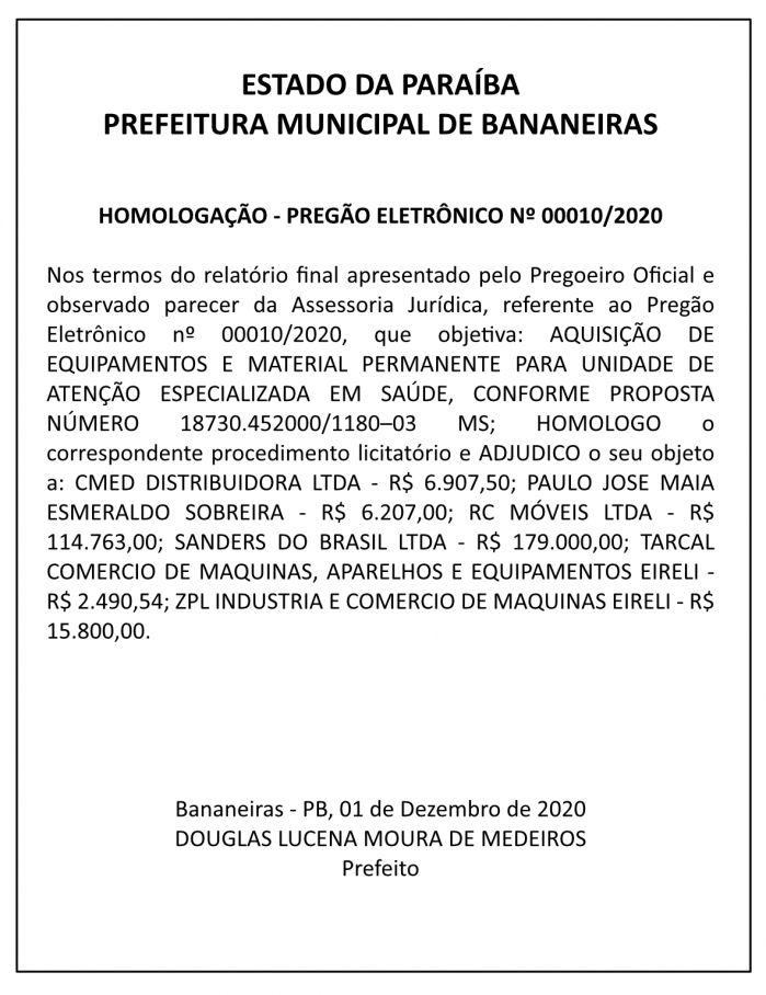 PREFEITURA MUNICIPAL DE BANANEIRAS – HOMOLOGAÇÃO – PREGÃO ELETRÔNICO Nº 00010/2020