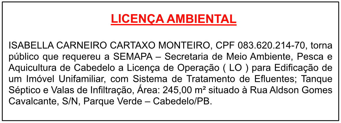 ISABELLA CARNEIRO CARTAXO MONTEIRO – Licença de Operação