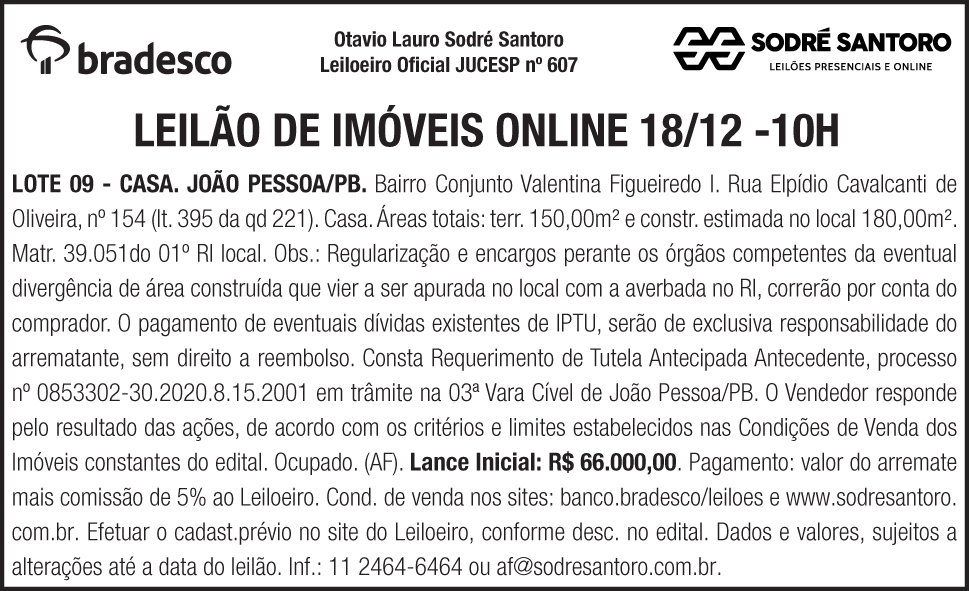 SODRÉ SANTORO – LEILÃO DE IMÓVEIS ONLINE 18/12 -10H