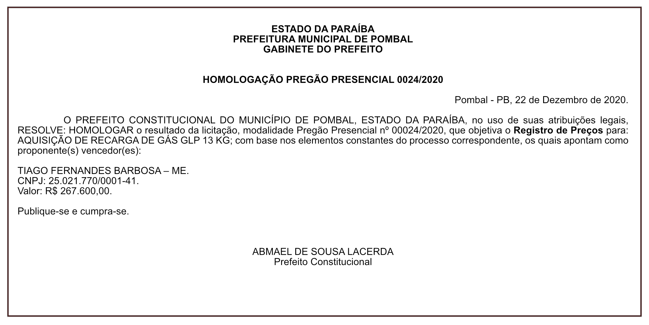 PREFEITURA MUNICIPAL DE POMBAL – HOMOLOGAÇÃO PREGÃO PRESENCIAL 0024/2020