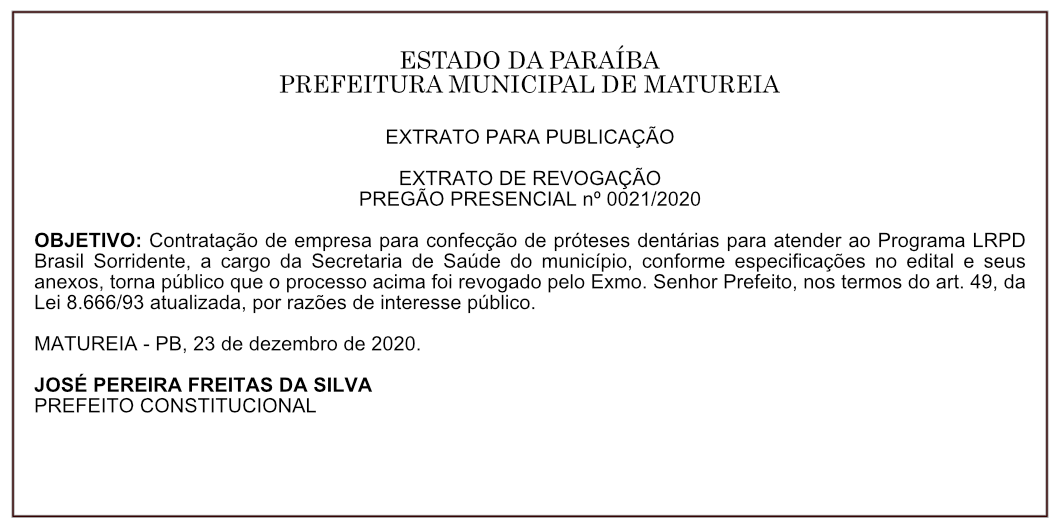 PREFEITURA MUNICIPAL DE MATUREIA – EXTRATO DE REVOGAÇÃO – PREGÃO PRESENCIAL Nº 0021/2020